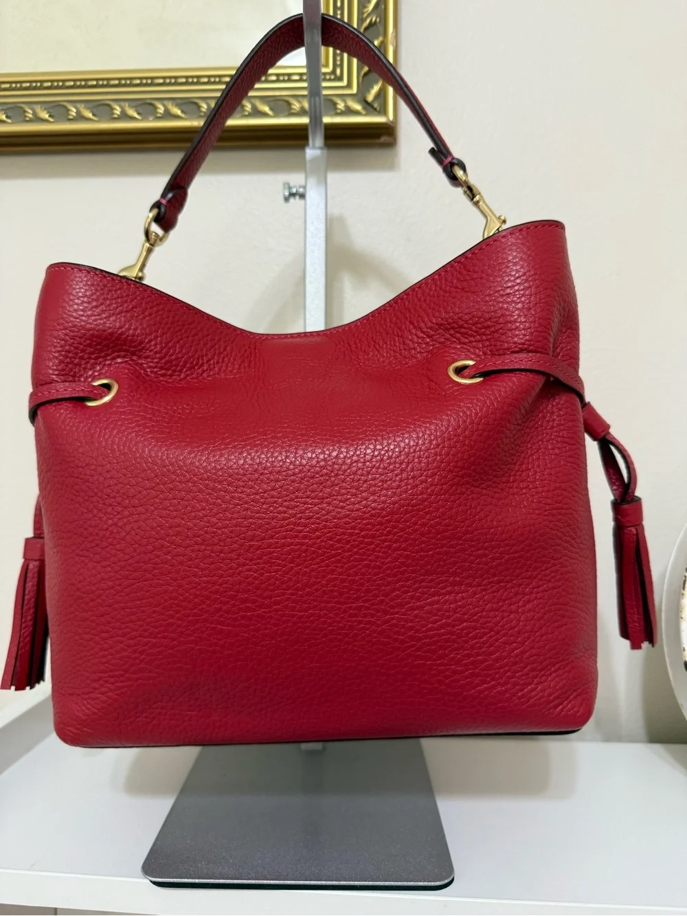 COACH Red Apple Pebbled Leather Hobo with Gold Chain Accent